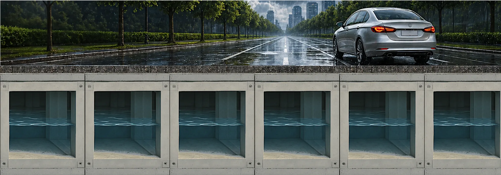 Cross-section of a road with underground JUMBO BLOCK rainwater retention modules